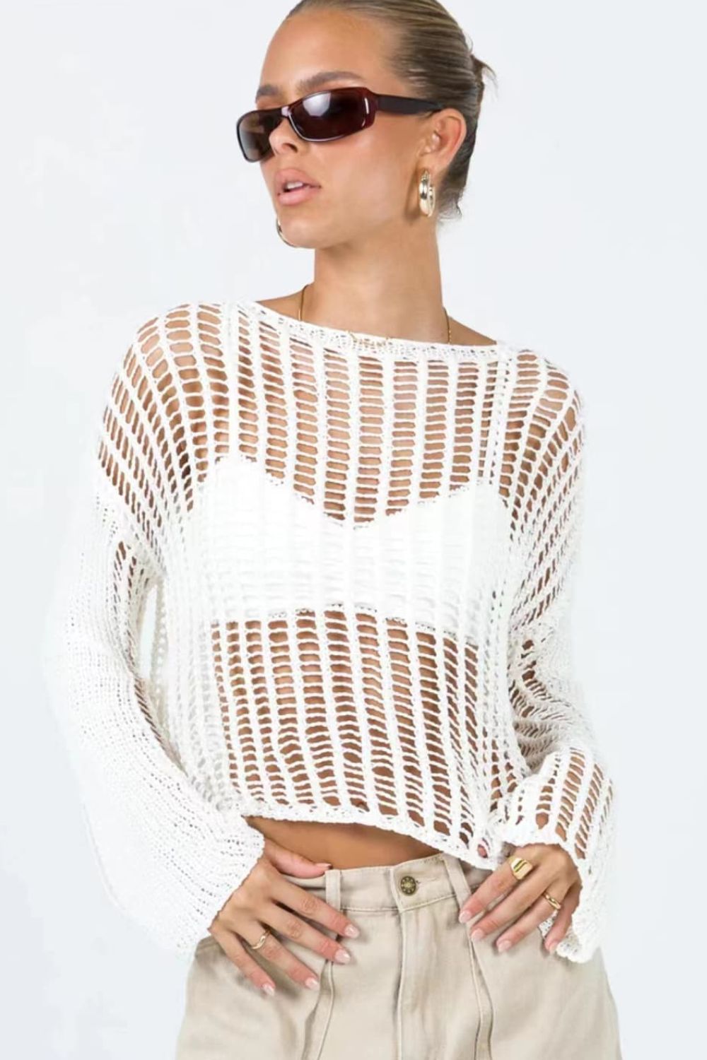 Openwork Boat Neck Long Sleeve Cover Up - Carly Joann's Closet