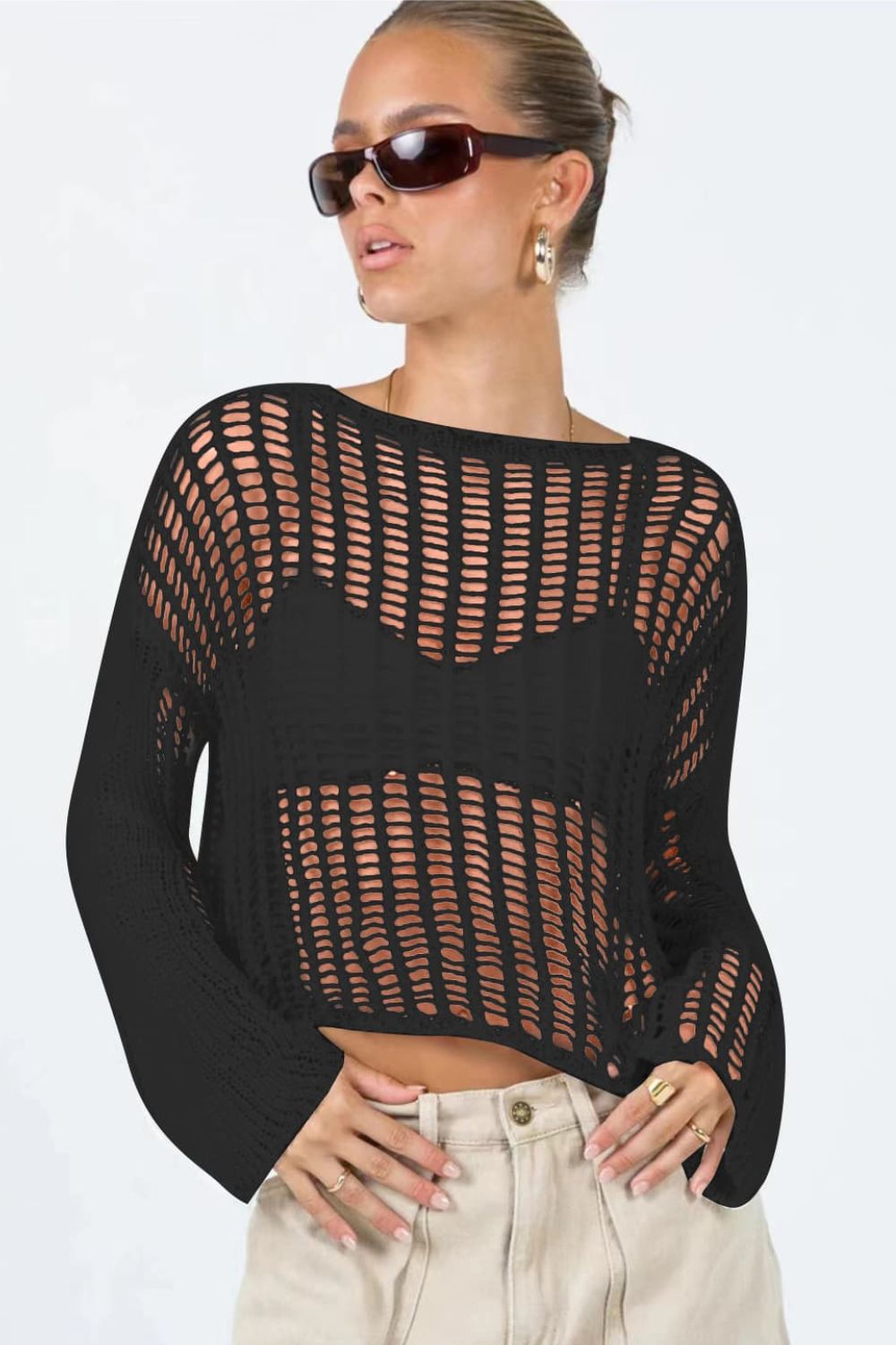 Openwork Boat Neck Long Sleeve Cover Up - Carly Joann's Closet