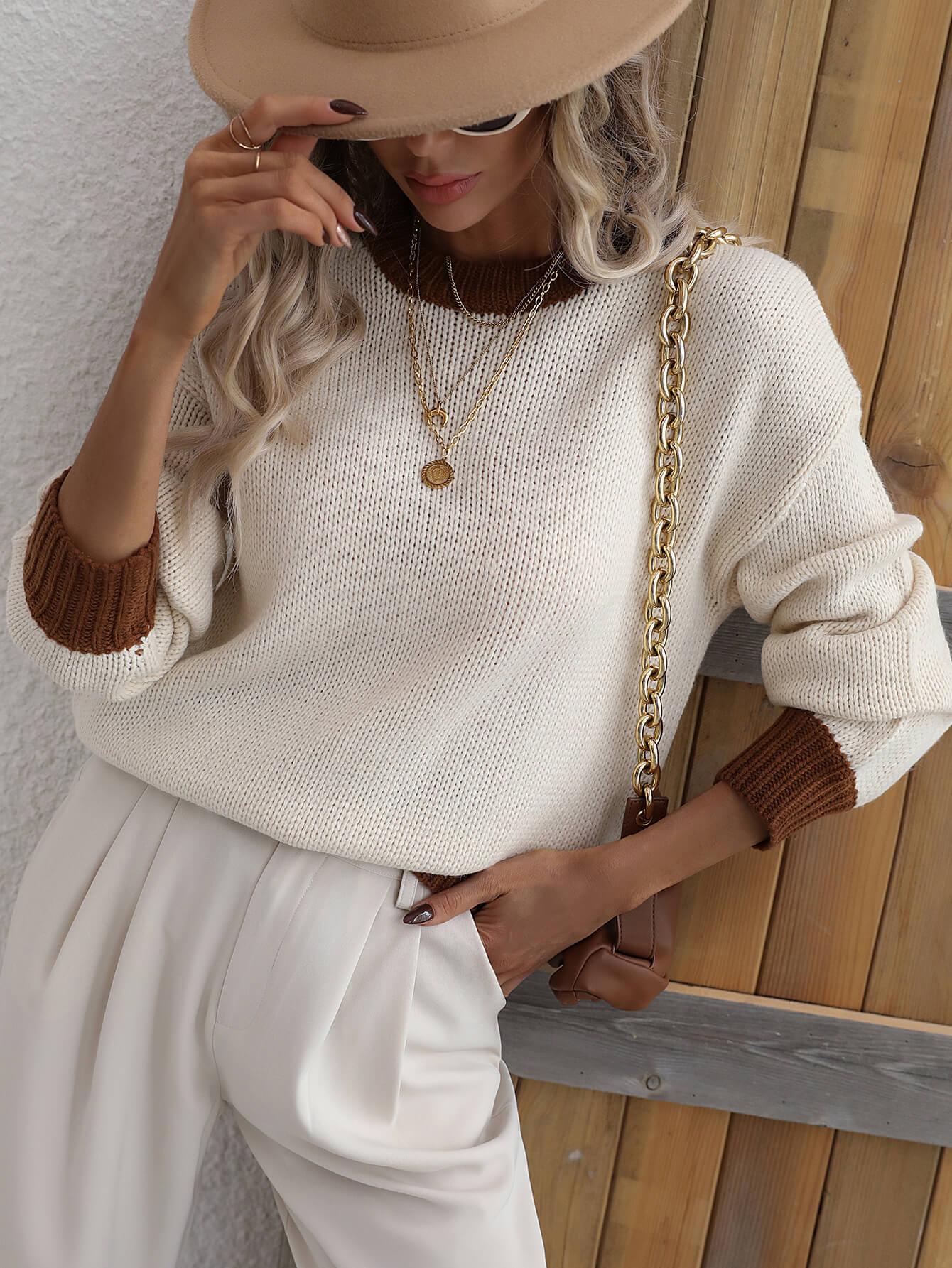 Contrast Trim Drop Shoulder Pullover Sweater - Carly Joann's Closet