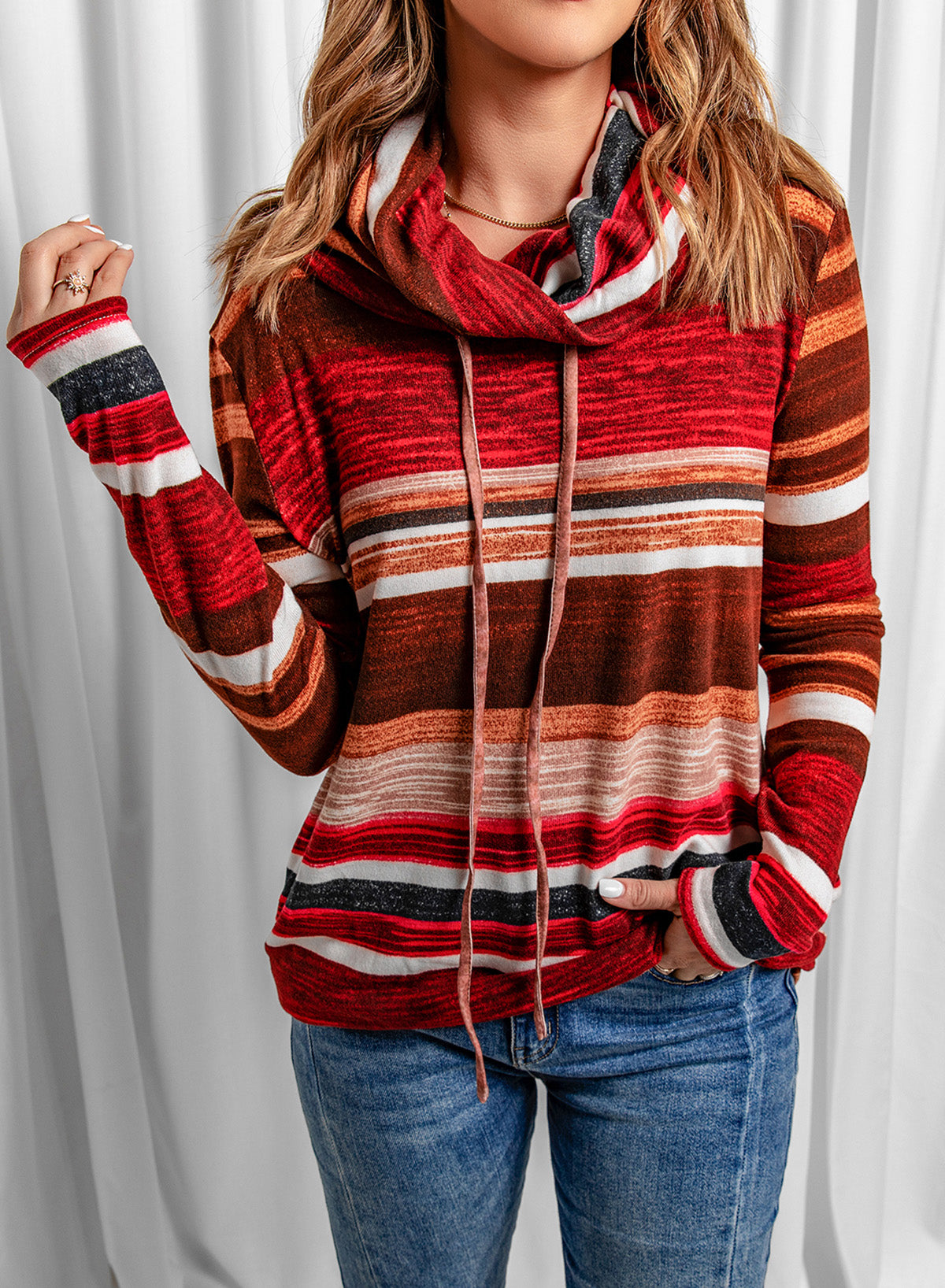 Striped Cowl Neck Tunic Sweatshirt - Carly Joann's Closet