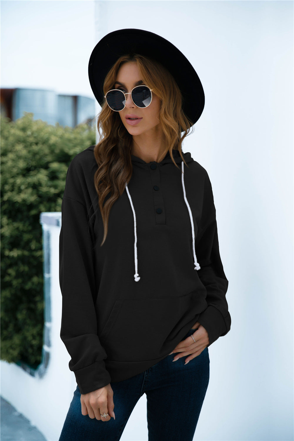 Quarter Snap Drawstring Hoodie with Kangaroo Pocket - Carly Joann's Closet