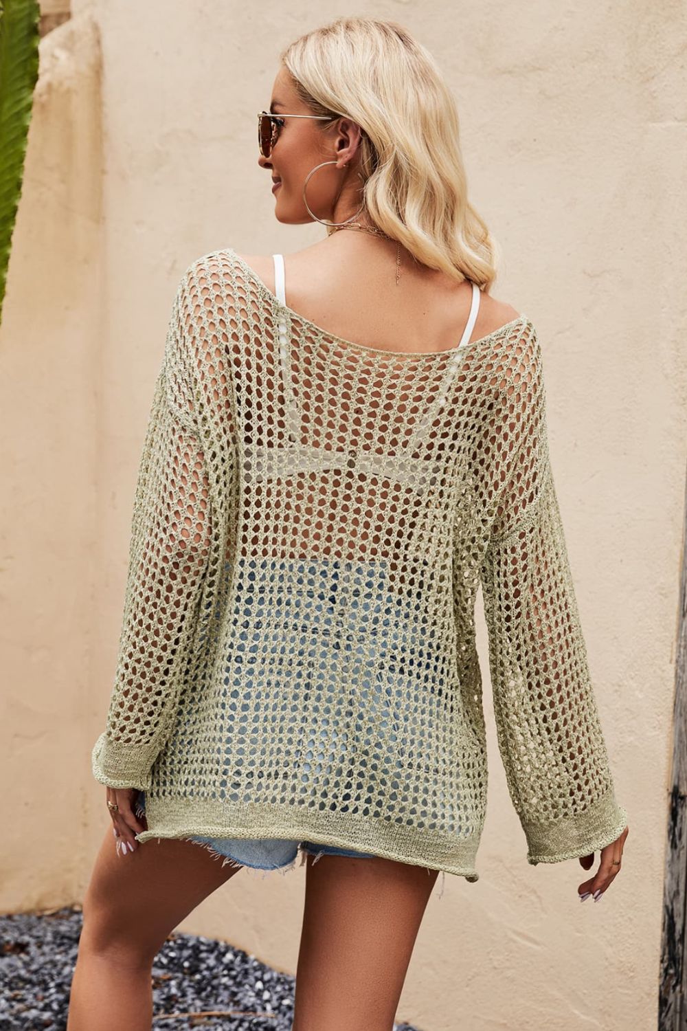 Openwork Round Neck Long Sleeve Cover Up - Carly Joann's Closet