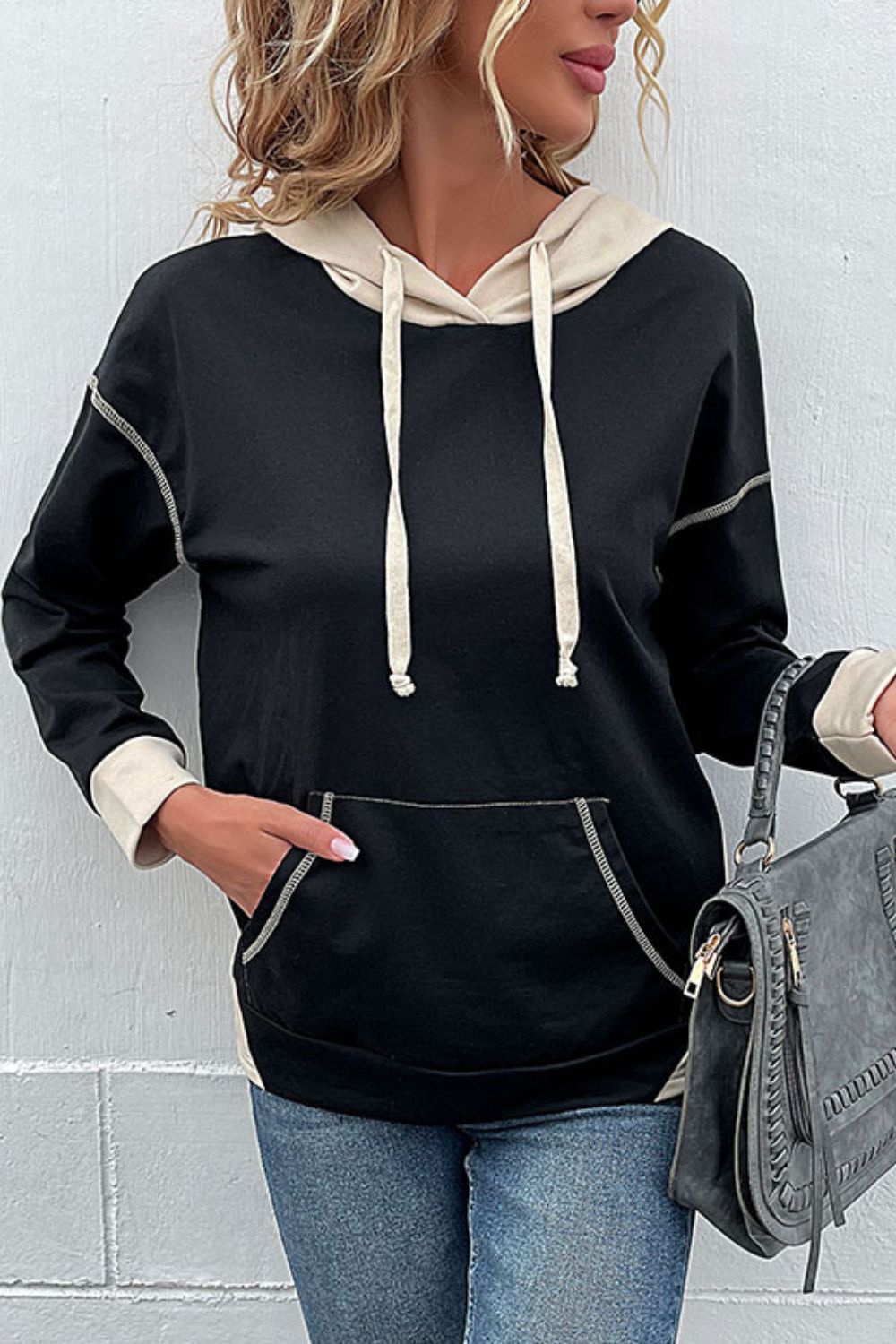 Contrast Drawstring Detail Drop Shoulder Hoodie - Carly Joann's Closet