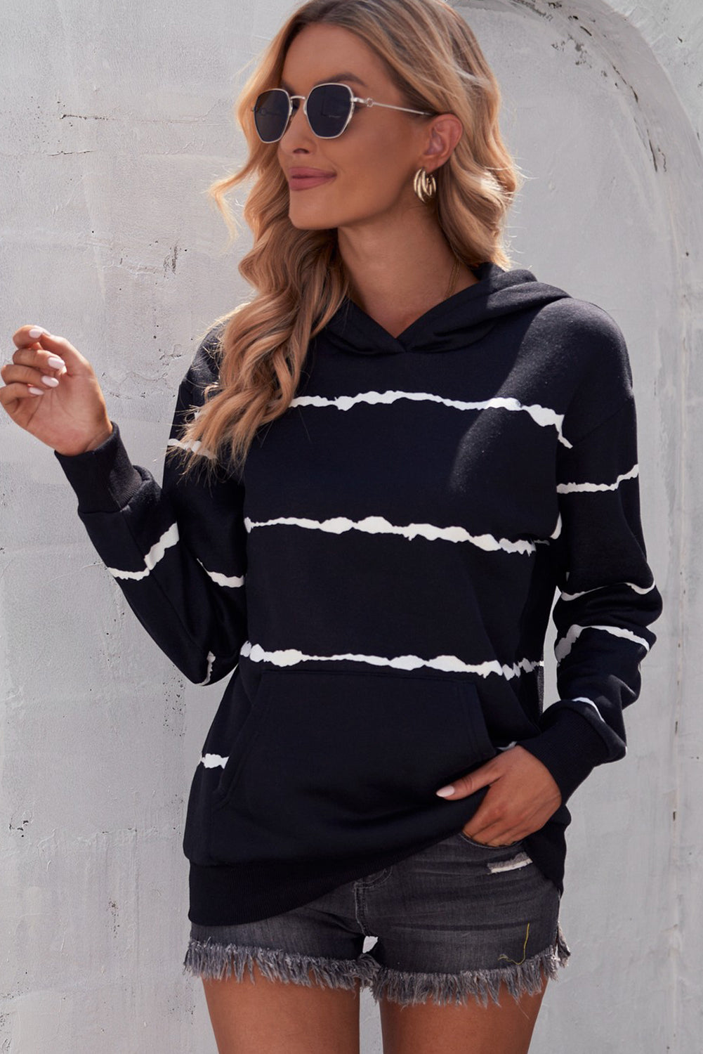 Striped Drop Shoulder Hoodie with Kangaroo Pocket - Carly Joann's Closet