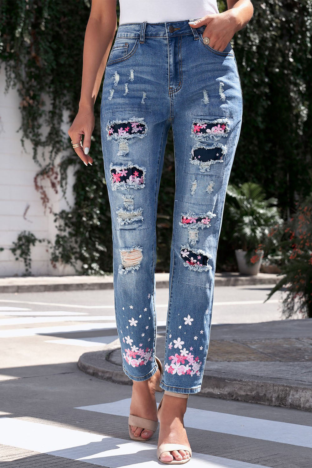 Printed Patch Distressed Boyfriend Jeans - Carly Joann's Closet