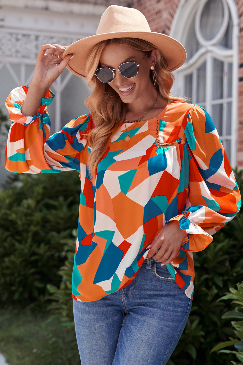 Geometric Flounce Sleeve Blouse - Carly Joann's Closet