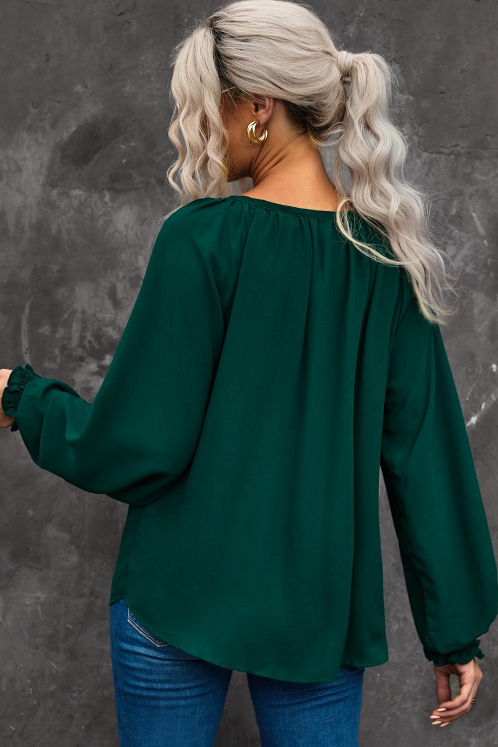 Notched Neck Lantern Sleeve Blouse - Carly Joann's Closet