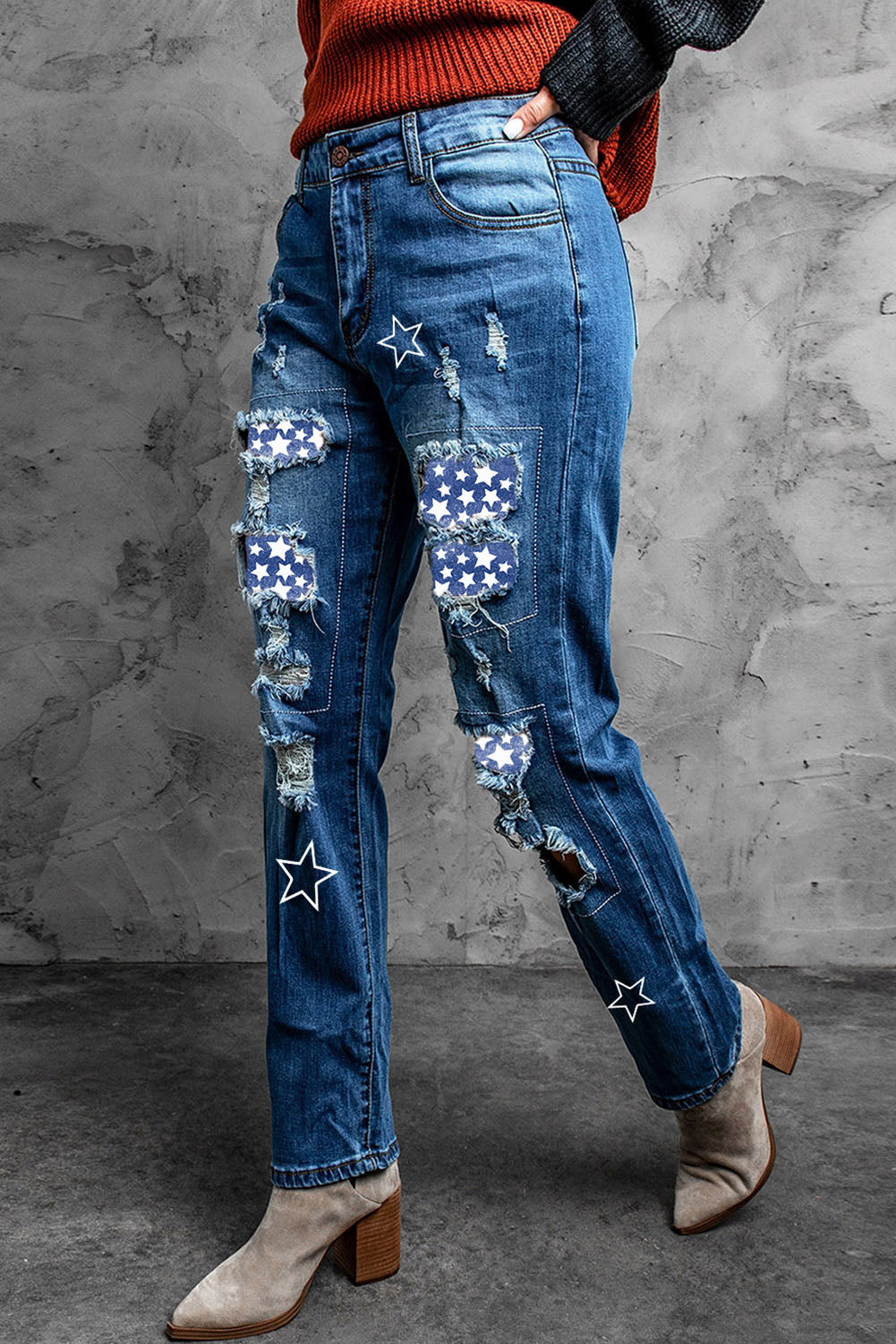 Printed Patch Distressed Boyfriend Jeans - Carly Joann's Closet