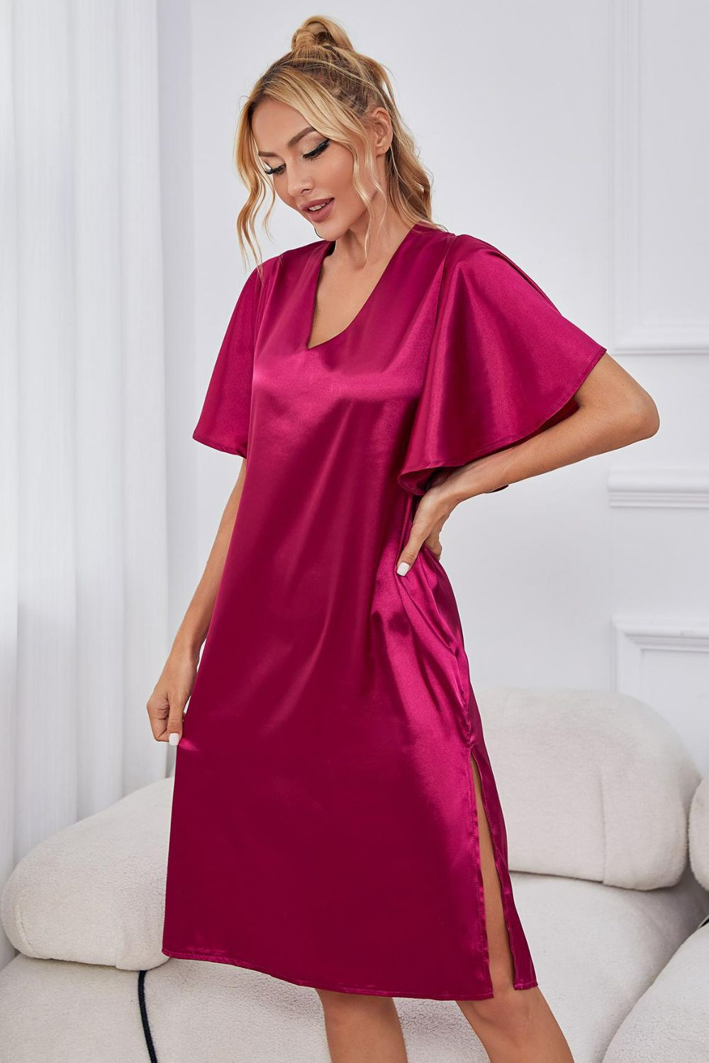 Satin Flutter Sleeve Side Slit V-Neck Night Dress - Carly Joann's Closet