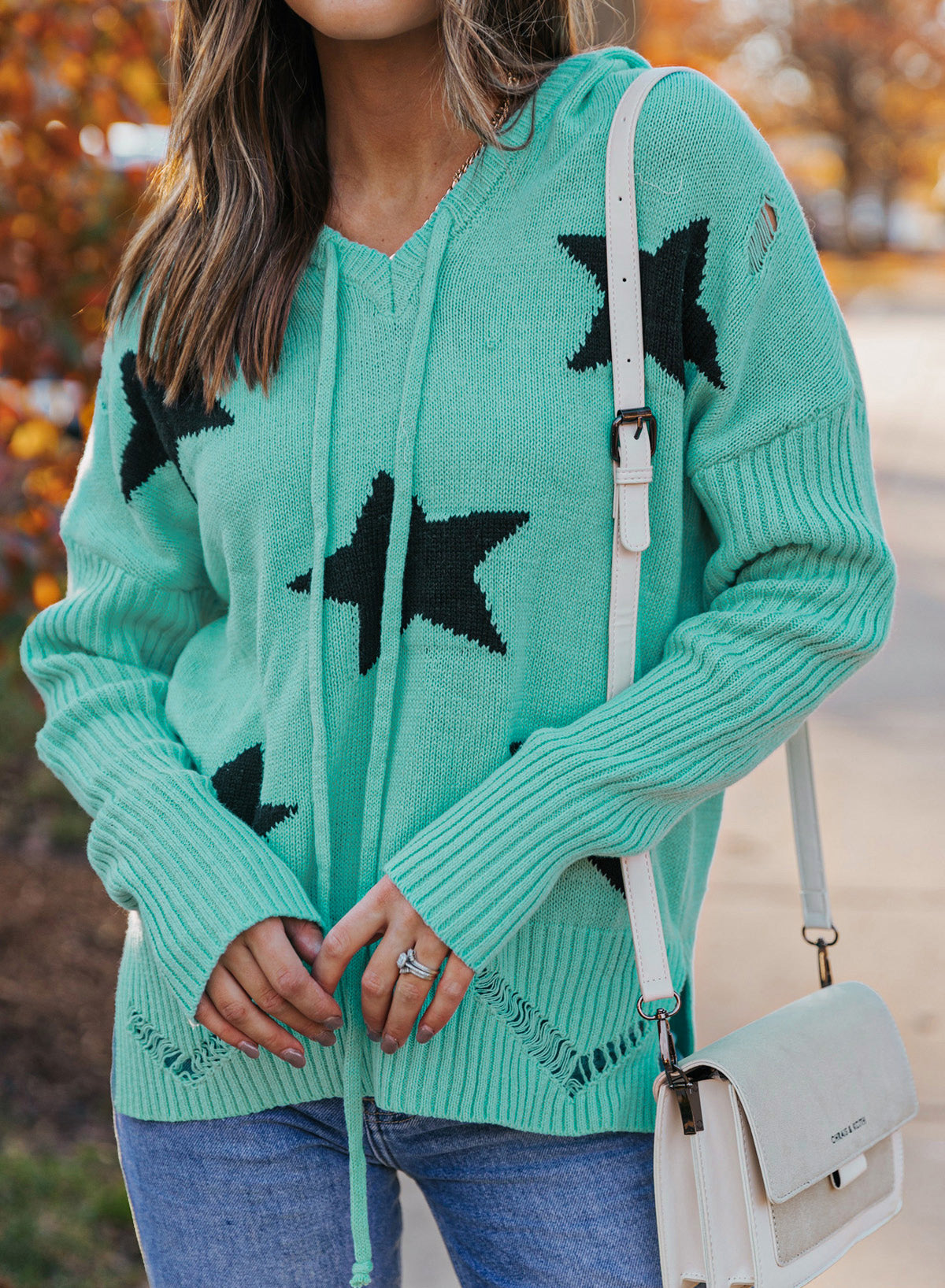 Star Distressed Slit Hooded Sweater - Carly Joann's Closet