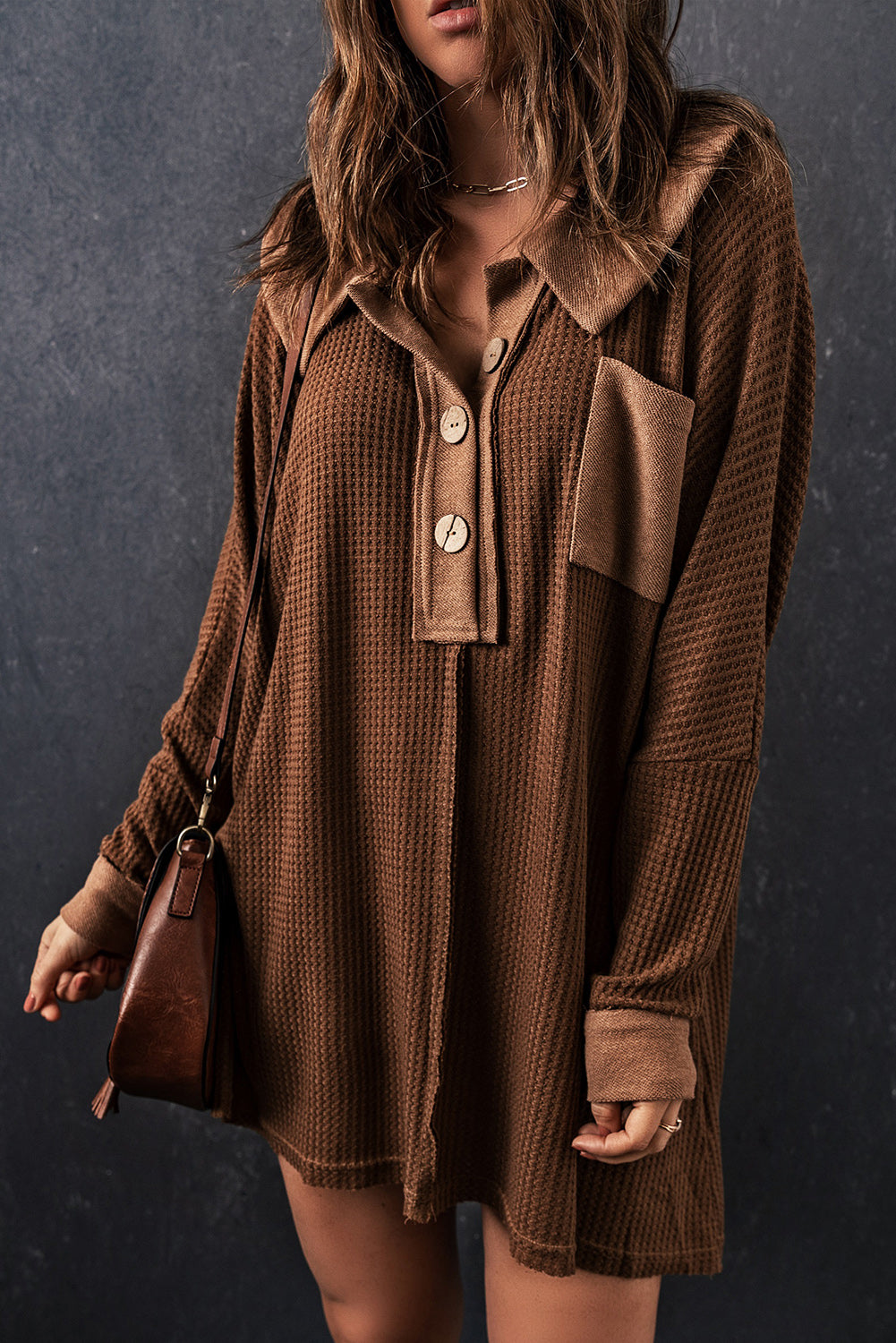 Waffle Knit Buttoned Long Sleeve Top with Breast Pocket - Carly Joann's Closet