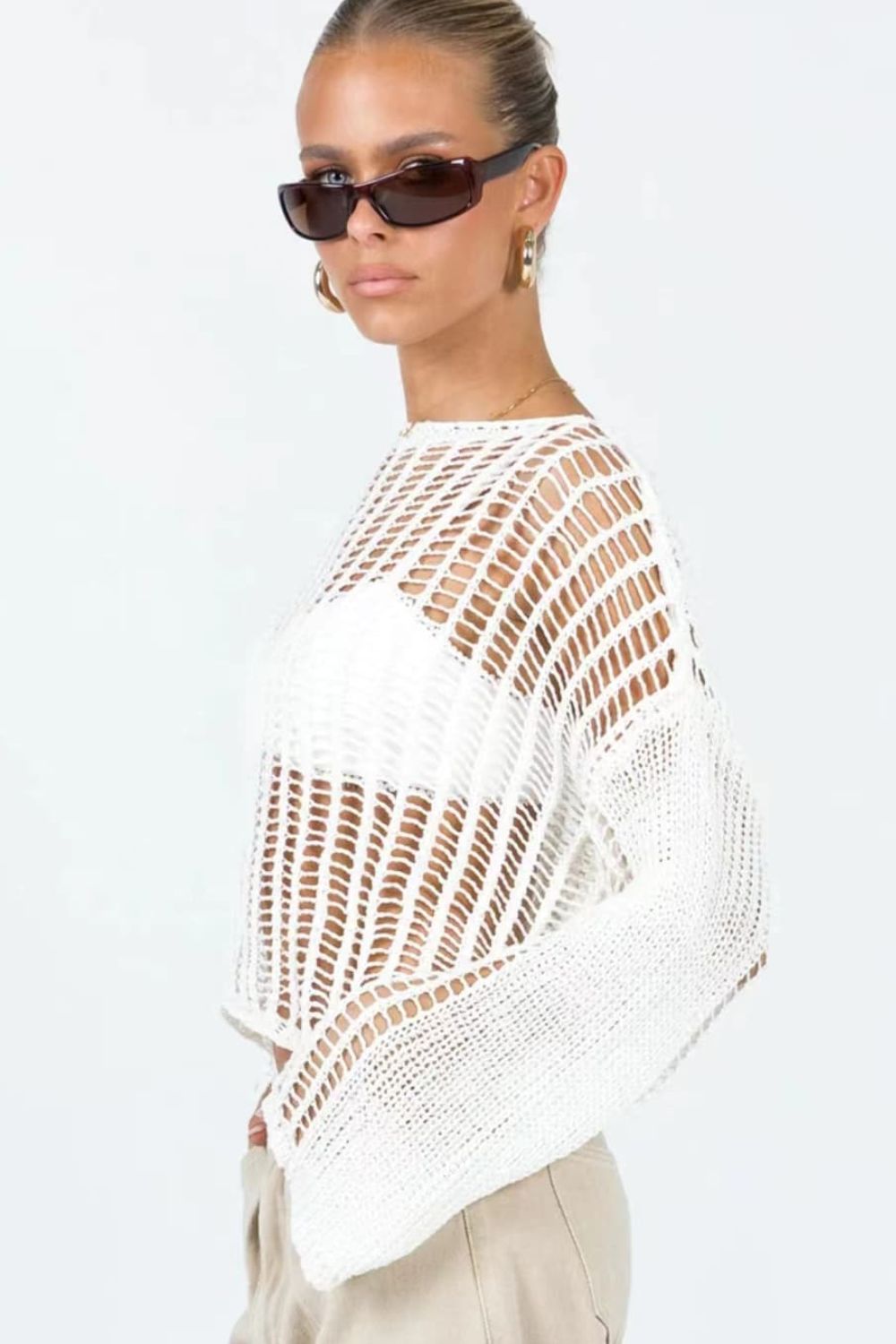 Openwork Boat Neck Long Sleeve Cover Up - Carly Joann's Closet