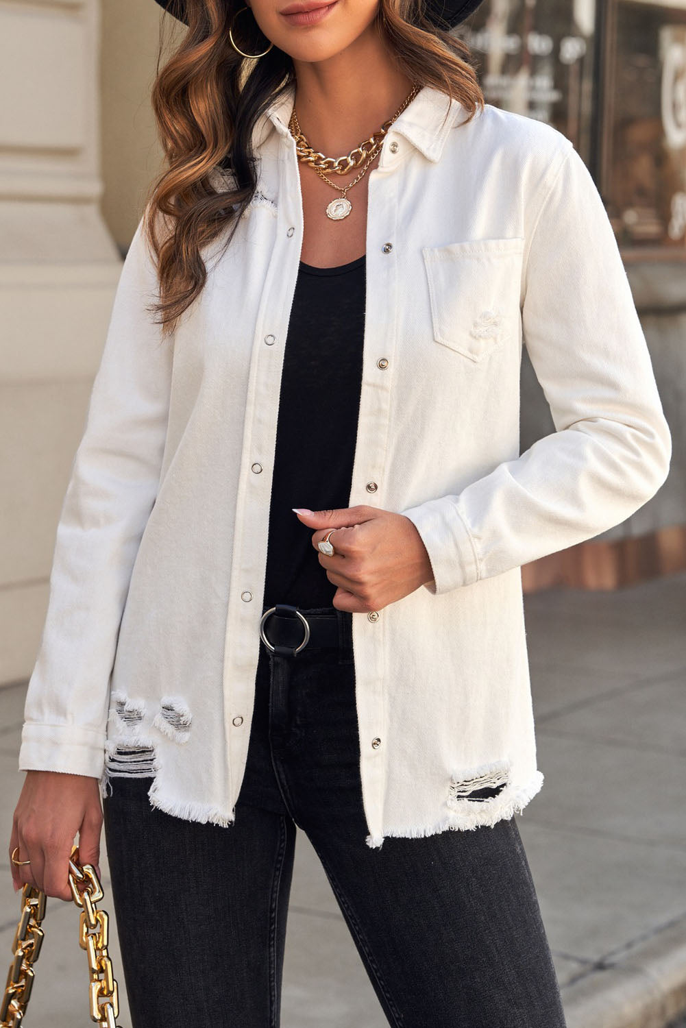 Distressed Snap Down Denim Jacket - Carly Joann's Closet