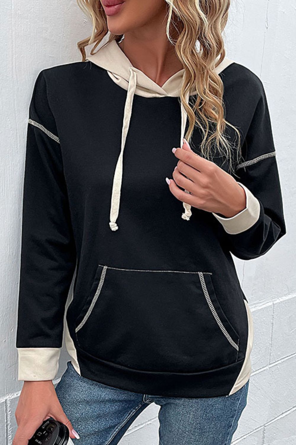 Contrast Drawstring Detail Drop Shoulder Hoodie - Carly Joann's Closet