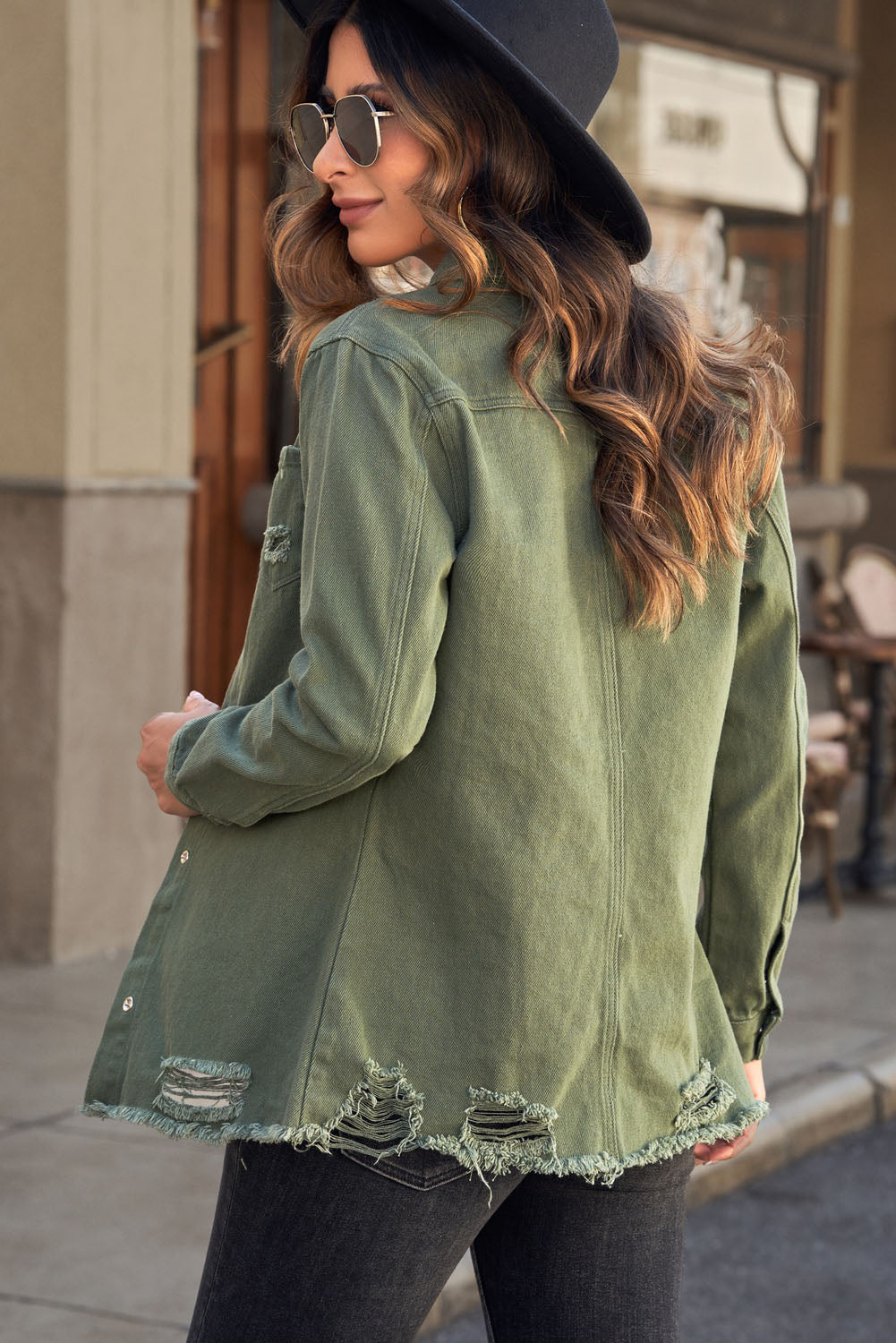 Distressed Snap Down Denim Jacket - Carly Joann's Closet