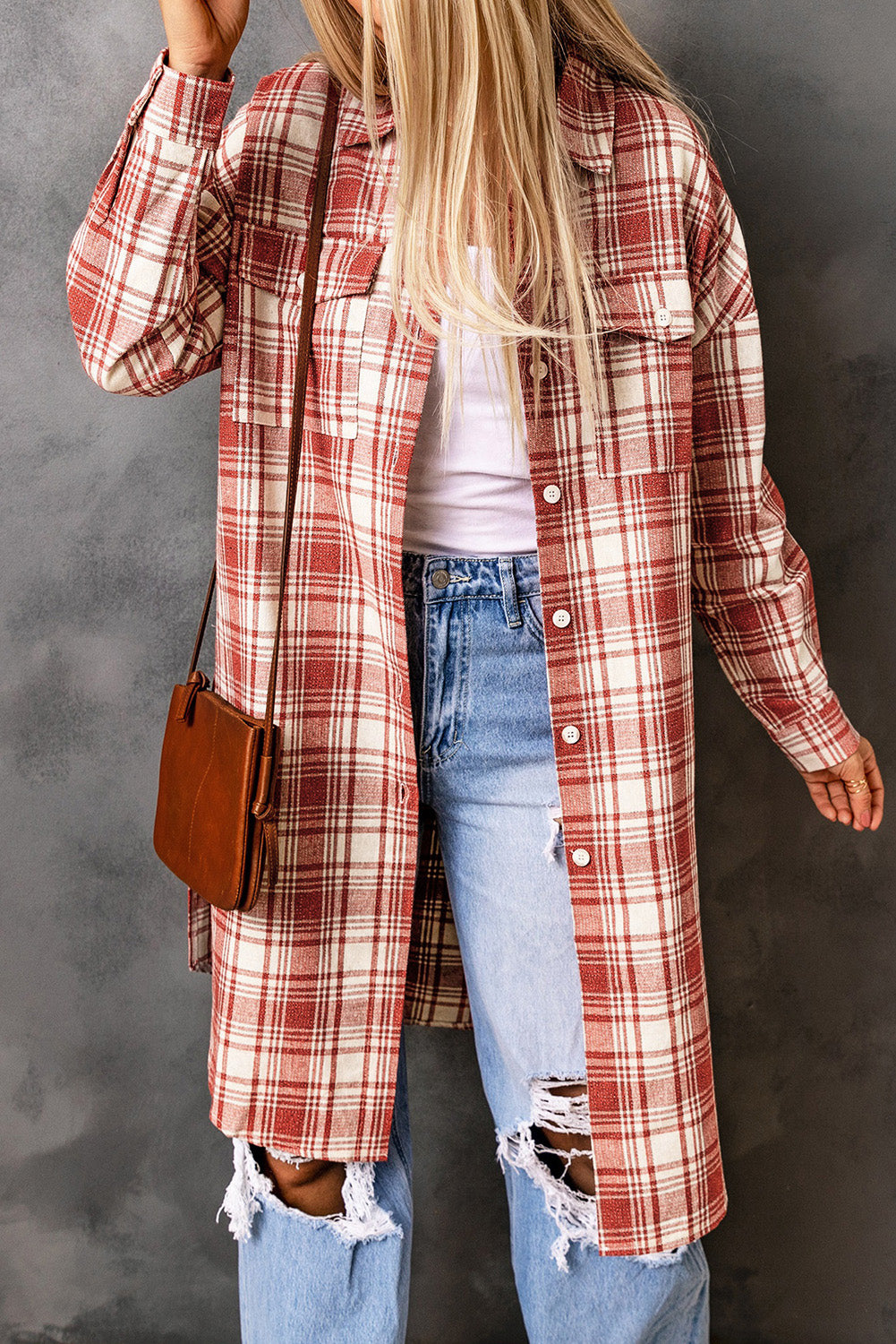 Plaid Button-Up Longline Shacket with Breast Pockets - Carly Joann's Closet