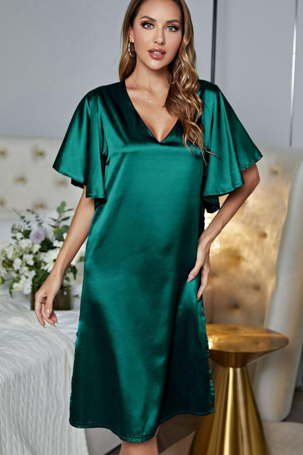 Satin Flutter Sleeve Side Slit V-Neck Night Dress - Carly Joann's Closet