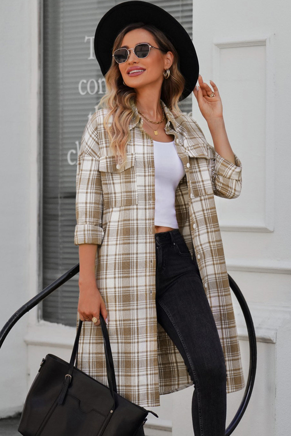 Plaid Button-Up Longline Shacket with Breast Pockets - Carly Joann's Closet