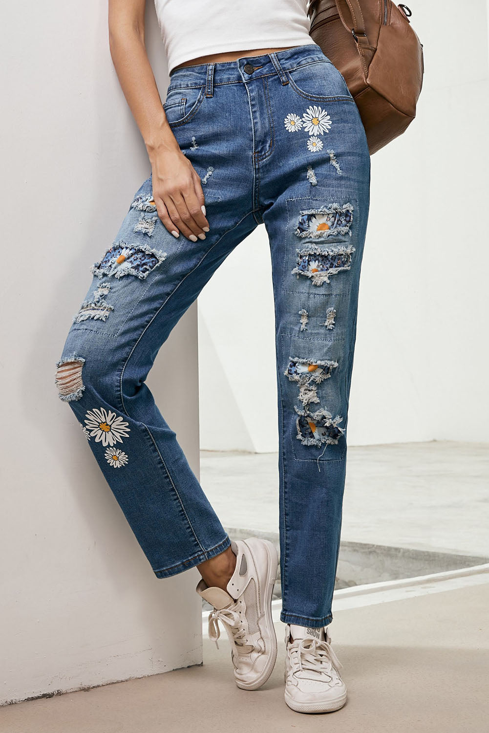 Printed Patch Distressed Boyfriend Jeans - Carly Joann's Closet