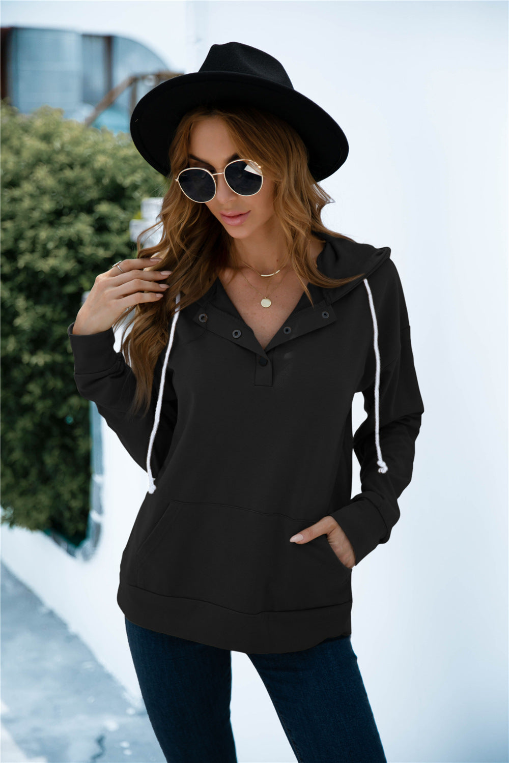 Quarter Snap Drawstring Hoodie with Kangaroo Pocket - Carly Joann's Closet