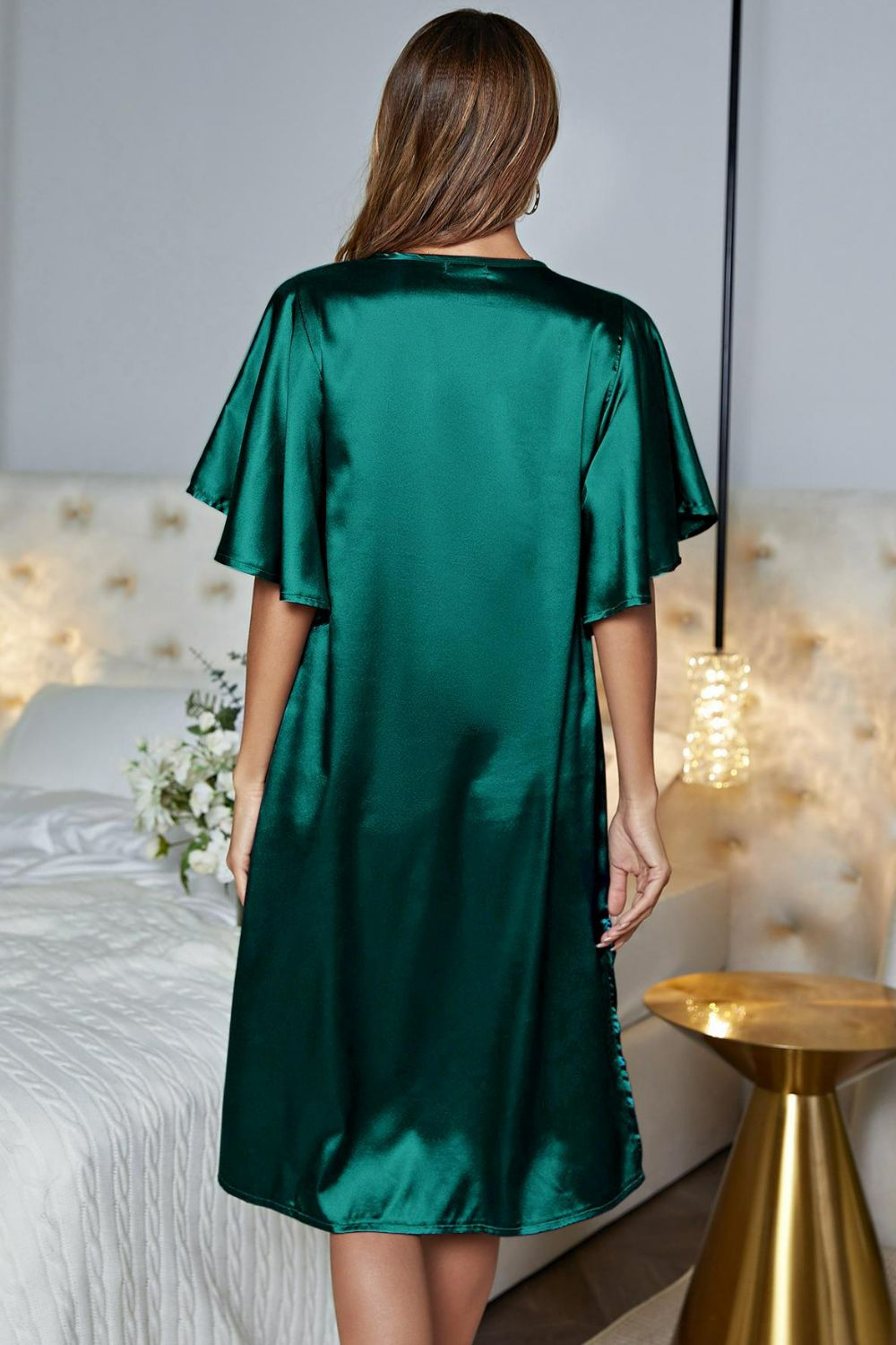 Satin Flutter Sleeve Side Slit V-Neck Night Dress - Carly Joann's Closet