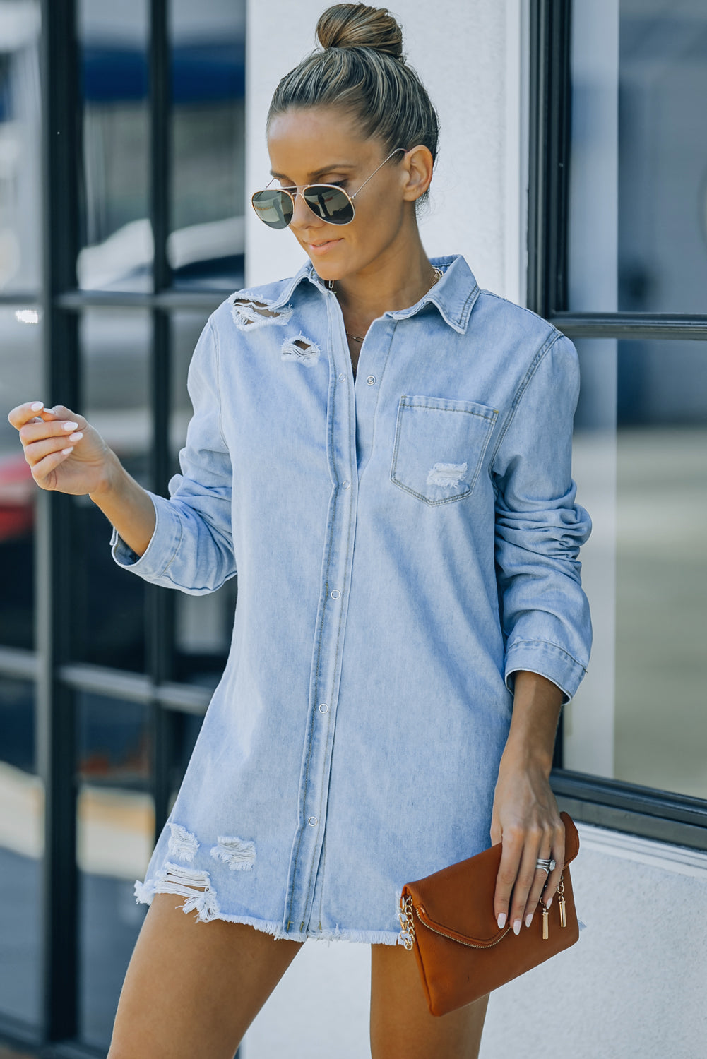 Distressed Snap Down Denim Jacket - Carly Joann's Closet