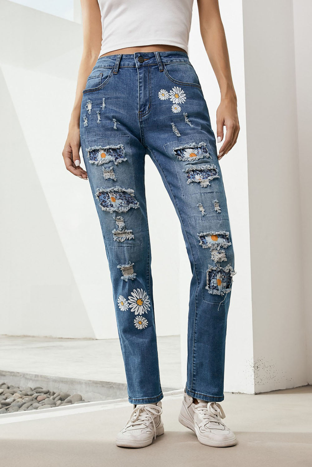 Printed Patch Distressed Boyfriend Jeans - Carly Joann's Closet