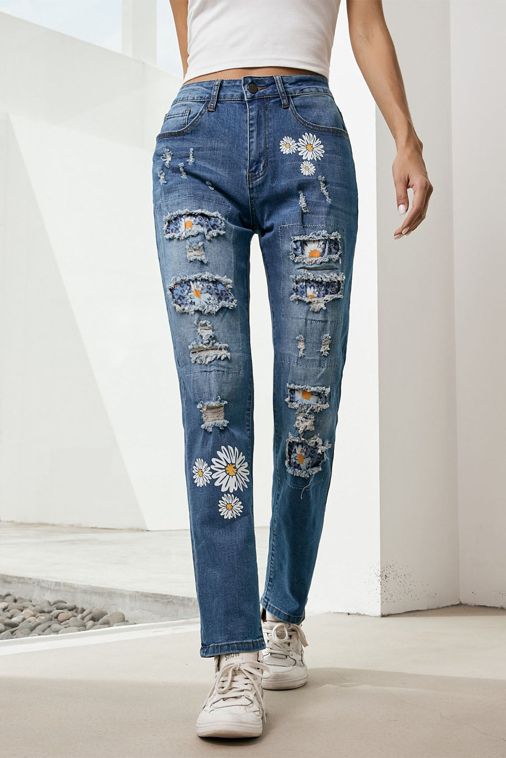 Printed Patch Distressed Boyfriend Jeans - Carly Joann's Closet