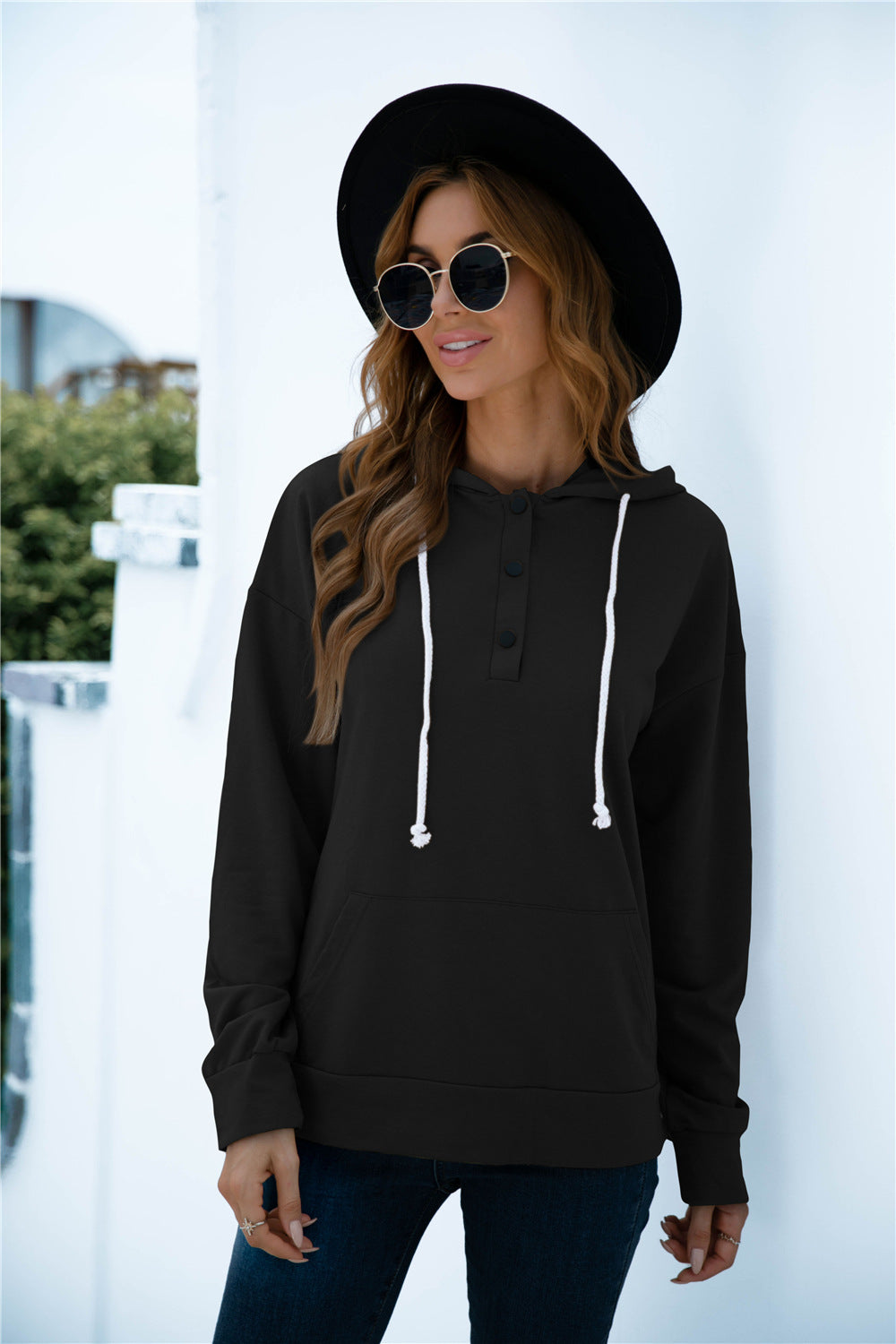 Quarter Snap Drawstring Hoodie with Kangaroo Pocket - Carly Joann's Closet