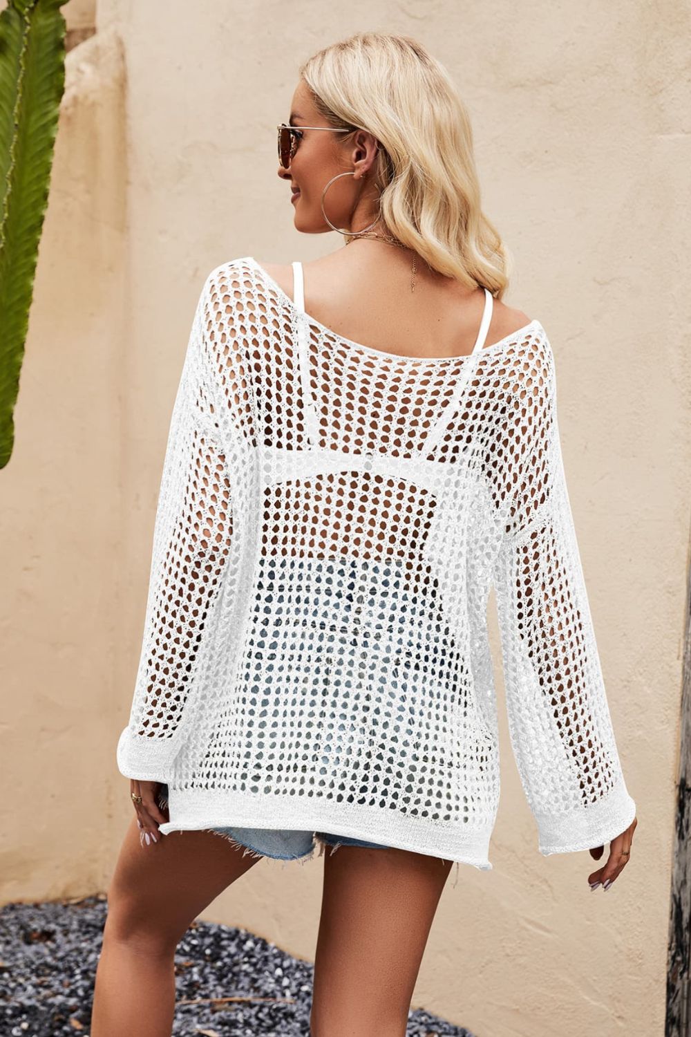 Openwork Round Neck Long Sleeve Cover Up - Carly Joann's Closet