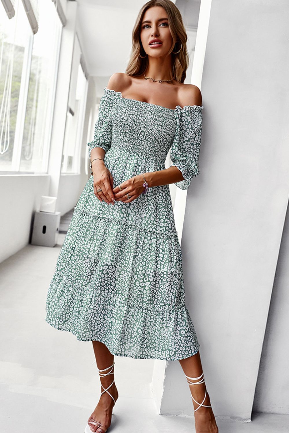 Ditsy Floral Off-Shoulder Smocked Midi Dress - Carly Joann's Closet