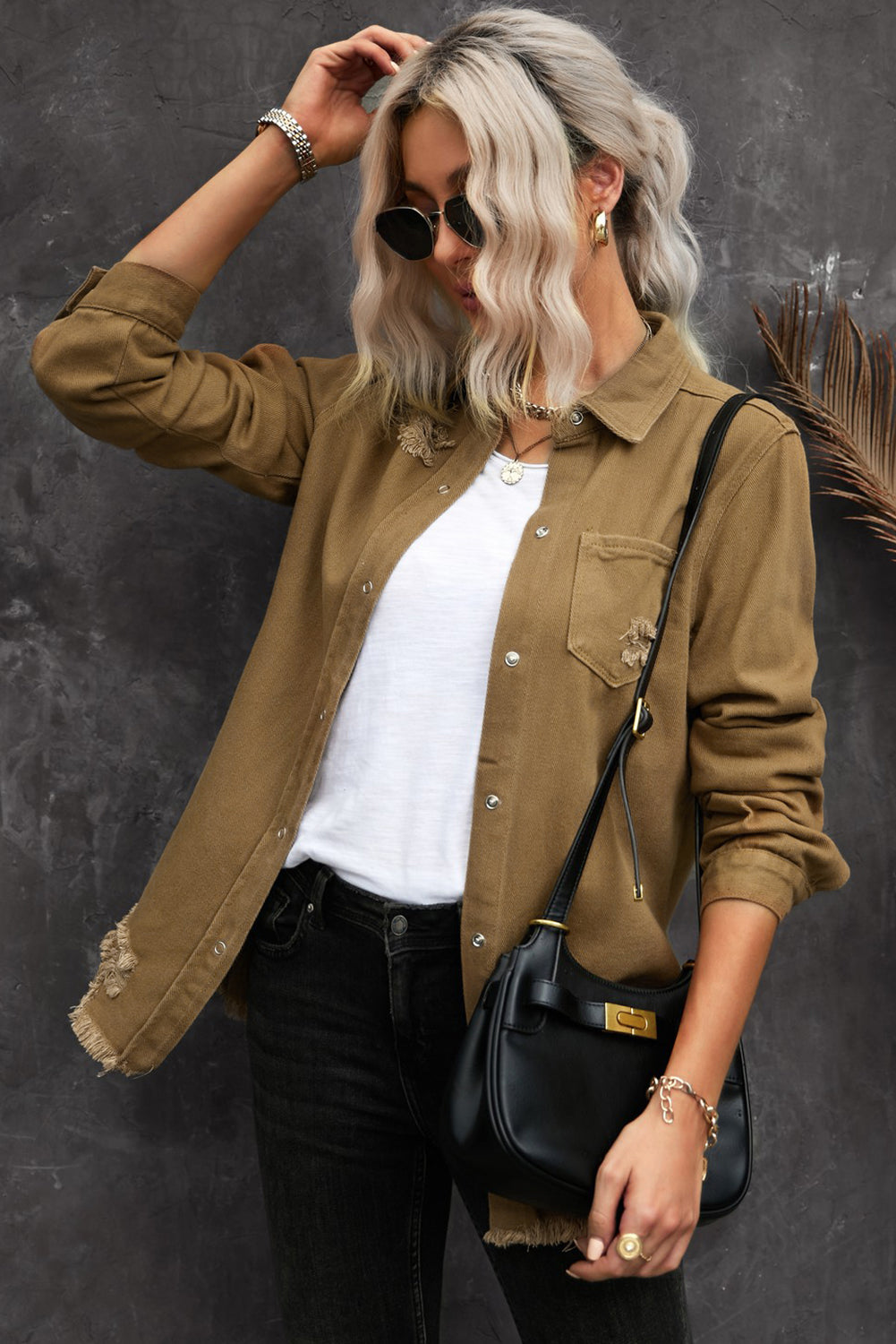 Distressed Snap Down Denim Jacket - Carly Joann's Closet