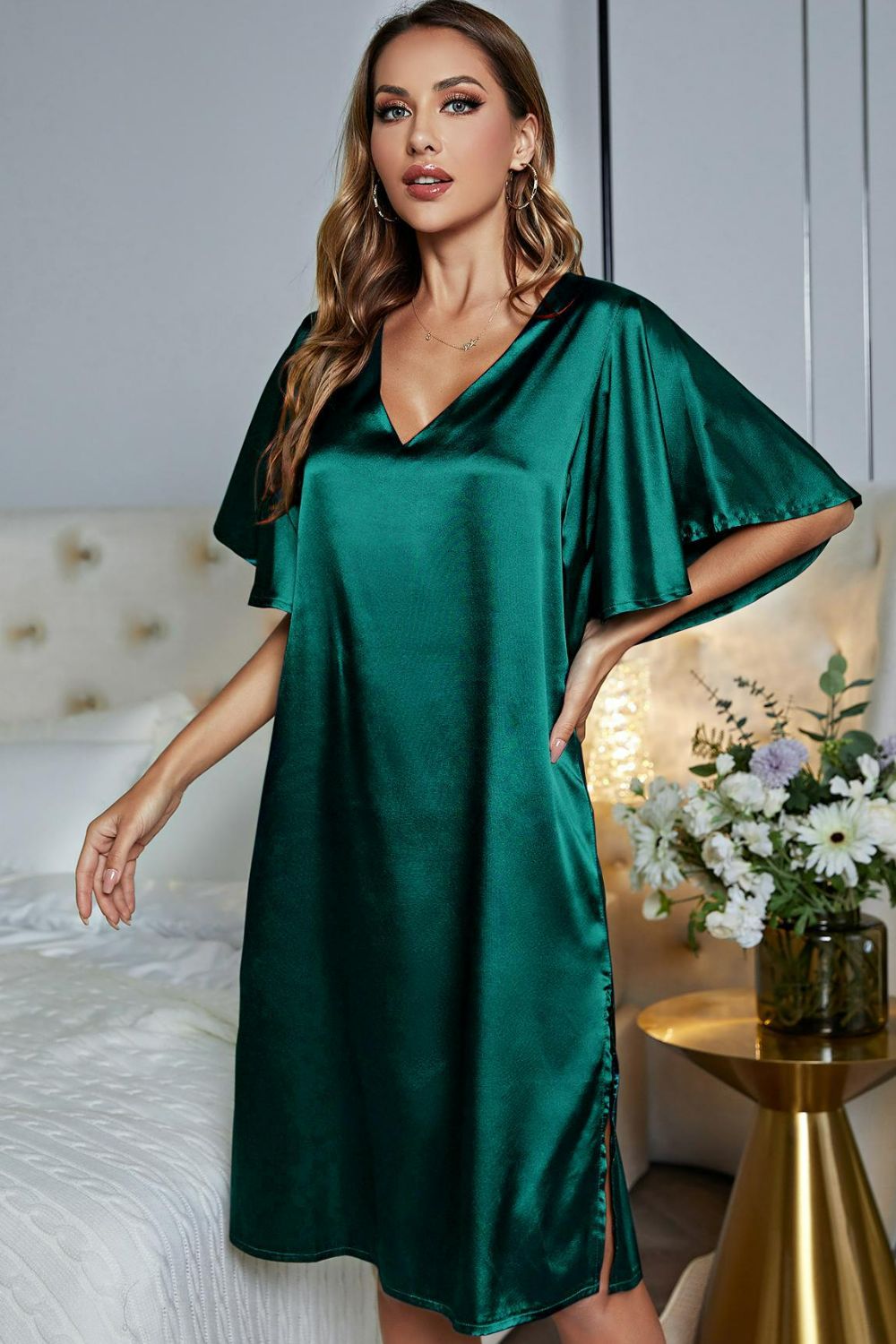 Satin Flutter Sleeve Side Slit V-Neck Night Dress - Carly Joann's Closet