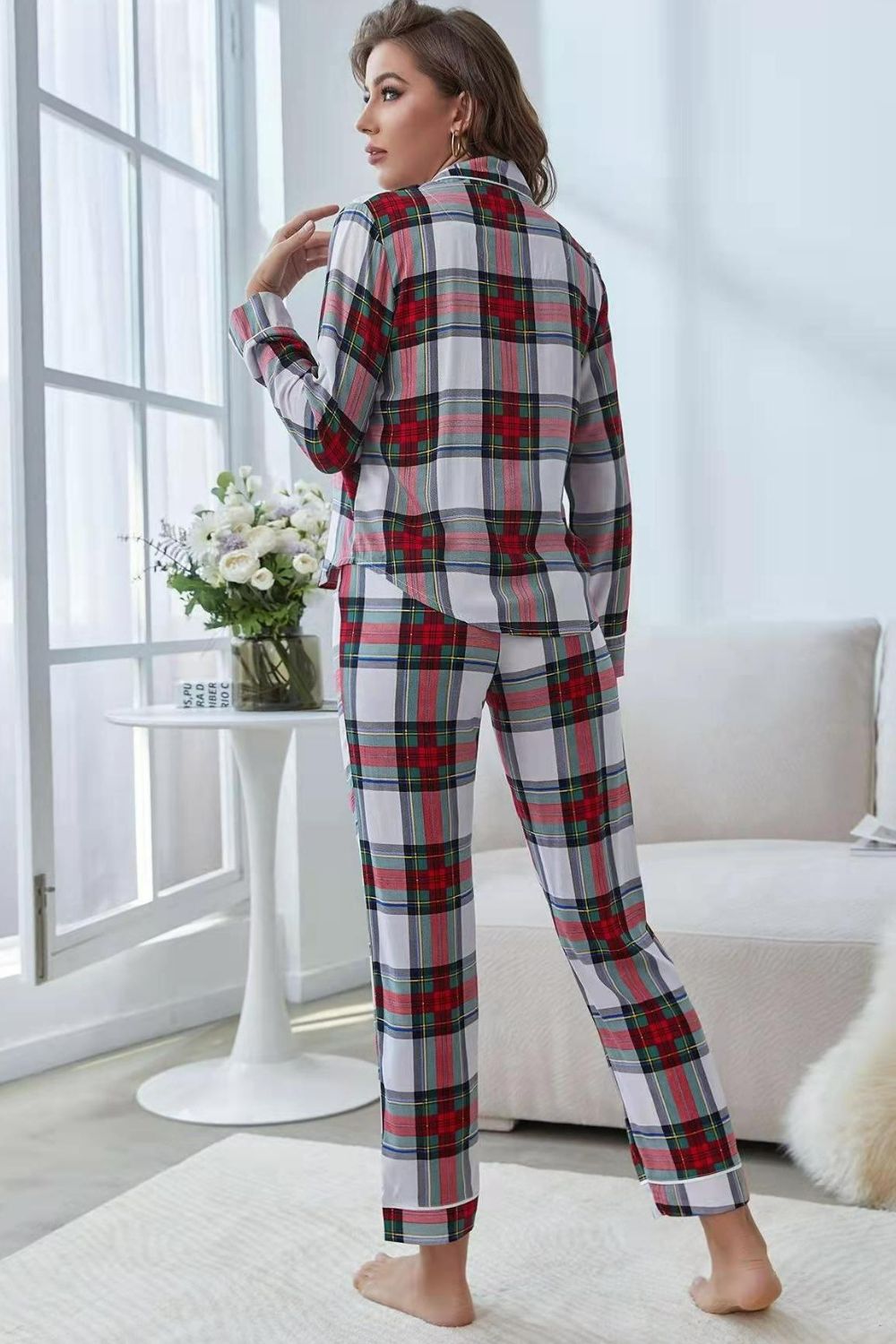 Plaid Button Front Top and Pants Lounge Set - Carly Joann's Closet