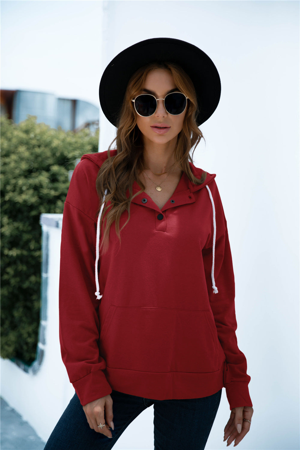 Quarter Snap Drawstring Hoodie with Kangaroo Pocket - Carly Joann's Closet