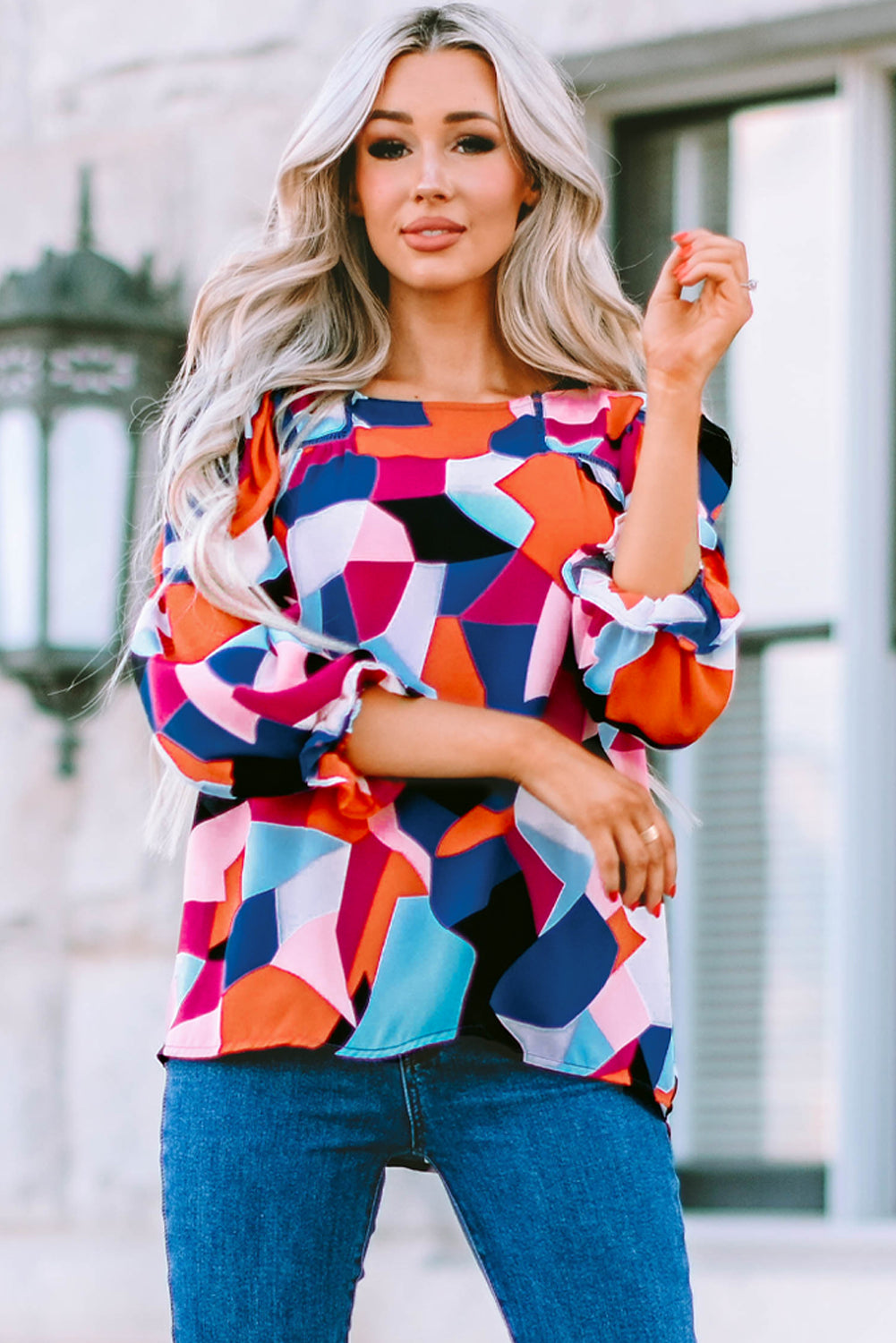 Geometric Flounce Sleeve Blouse - Carly Joann's Closet