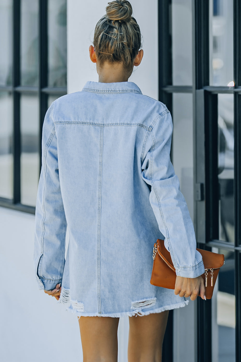 Distressed Snap Down Denim Jacket - Carly Joann's Closet